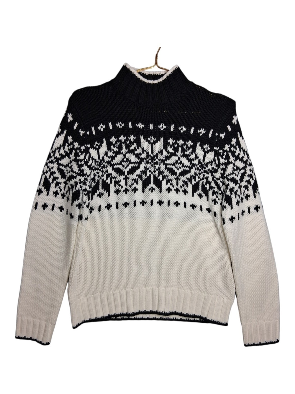 St Johns Bay Fair Isle Sweater Womens Large L Black White Mock Neck Winter Knit